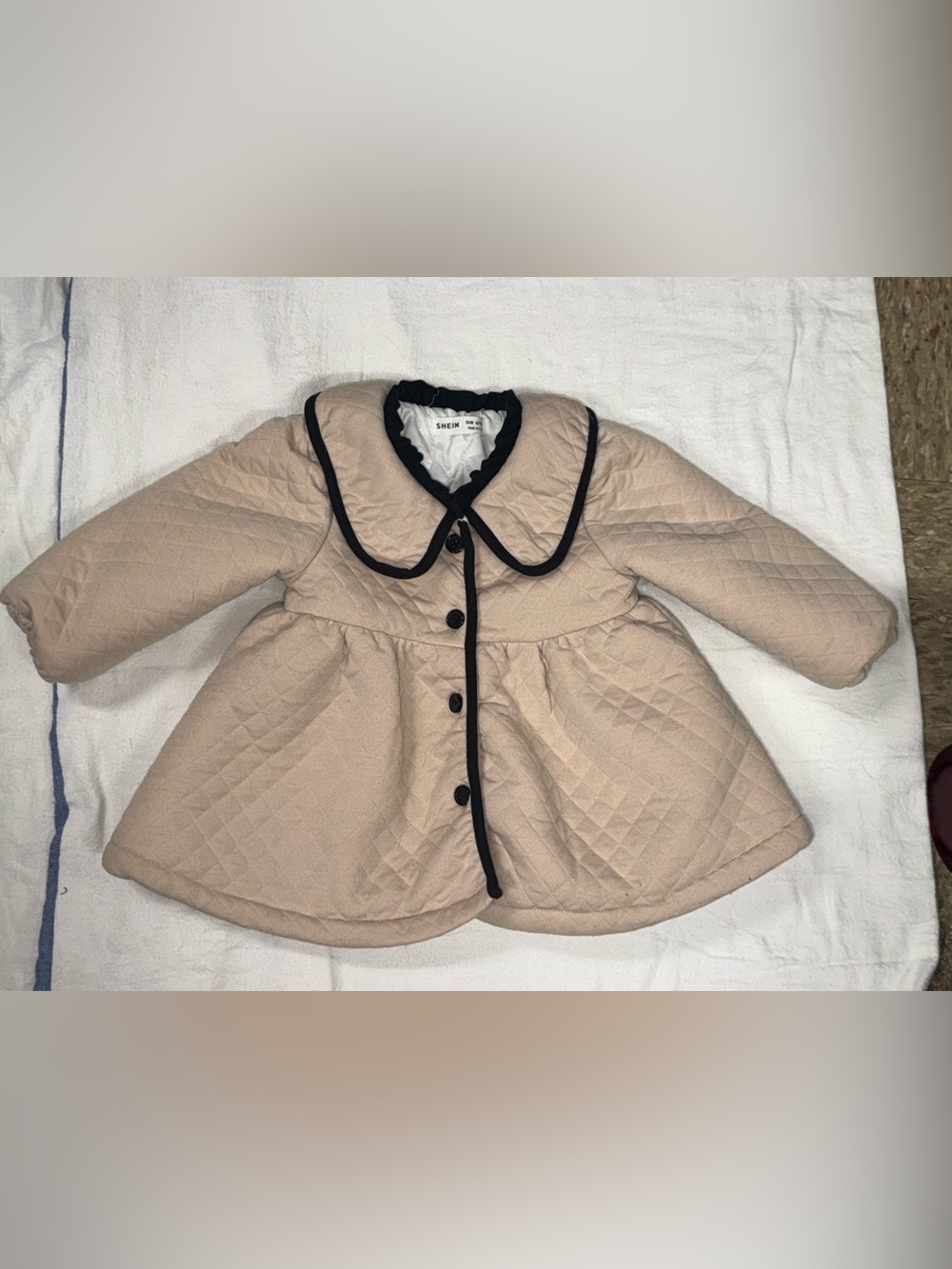 Beige Quilted Girls' Coat with Black Piping